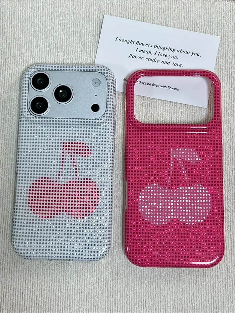 Stylish Rhinestone Cherry Glitter Phone Case - Glossy White & Hot Pink