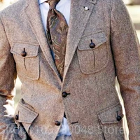 Men's Suit Brown Herringbone Blazer Prom Tuxedos Wool Tweed Notch Lapel Single Breasted Bussiness/Wedding Jacket (Only Coat)