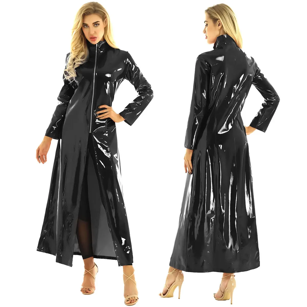 Women High Neck PU Faux Leather Long Sleeve Zip Open Crotch Solid Color Windbreaker Ladies PVC Jacket Coat Clubwear New Custom