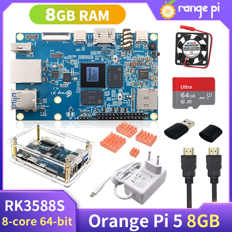오렌지 파이 5 8GB RK3588S 8 코어 64 비트 PCIE 모듈, 외부 와이파이 BT 기가비트 이더넷, 전원 공급 옵션, 아크릴 방열판
