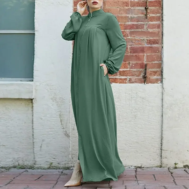 Muslim Abaya with Zipper Front Dubai Jalabiya Dress Long Sleeve Casual Stand Collar Kaftan Dresses Ramadan Eid Abayas for Women