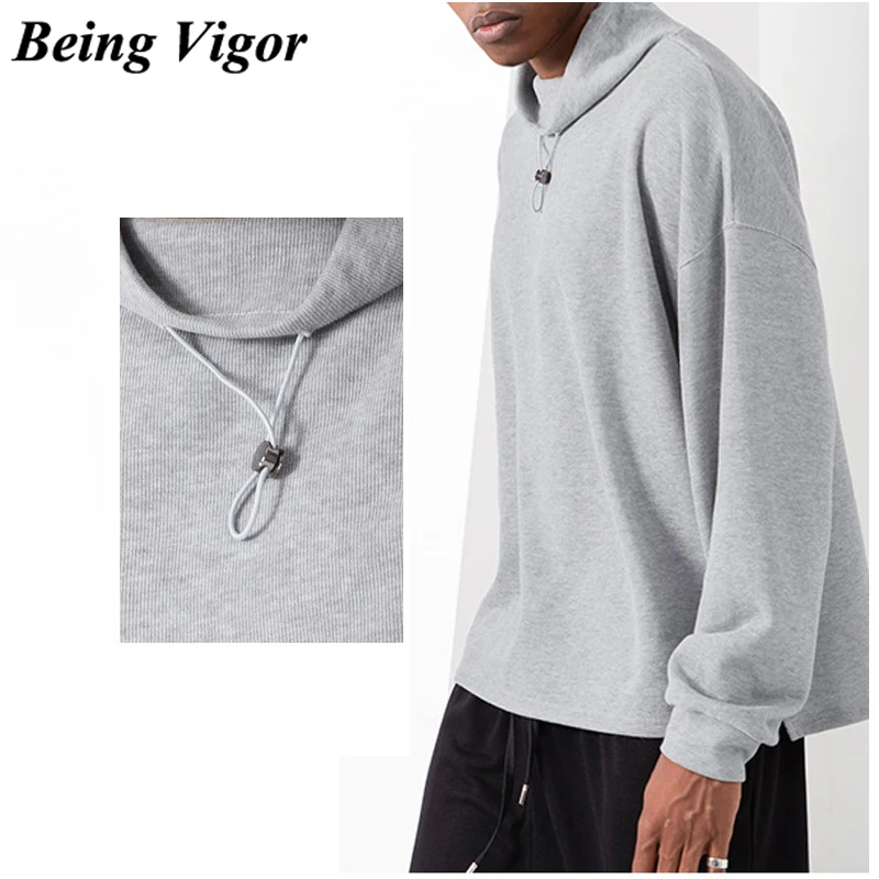 

Being Vigor 70% Cotton Men's Autumn Winter Fleece Sweatshirt Adjustable Collar Loose Hip Hop Tshirt Top 3XL Street Wear