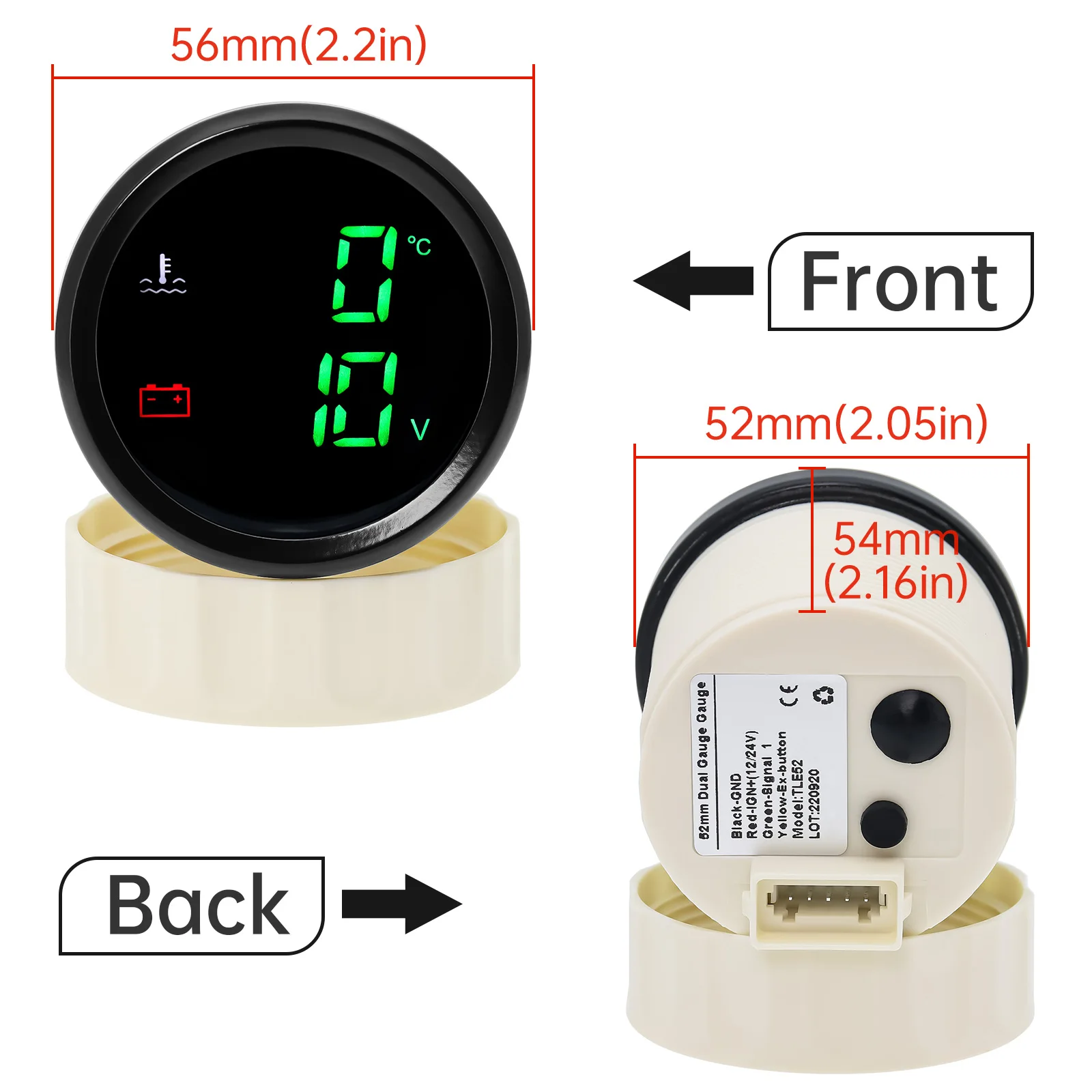 녹색 LED 듀얼 게이지, 수온 계량기 및 전압계, 보트 자동차 요트용 센서 포함, 2 in 1, 40-120 ℃, 104-248 ℉, 52mm, 12V, 24V 맞춤형