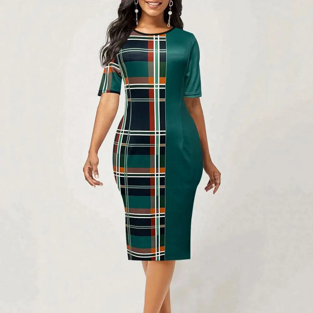 

Slim Fit Midi Dress Elegant Office Lady Dress with Symmetrical Patchwork Print Slim Fit Hip Wrap Short Sleeves Women's for Work