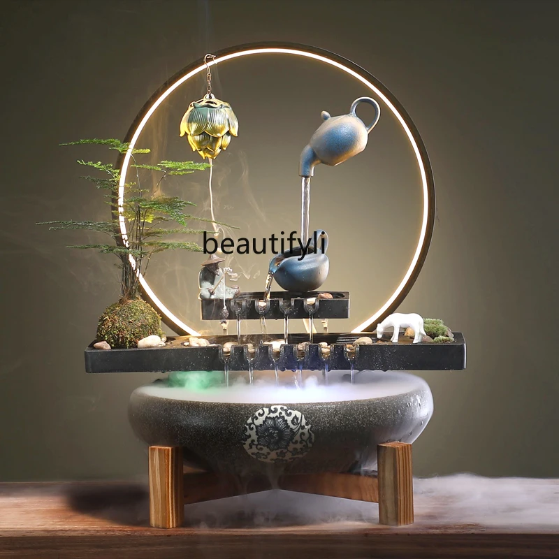 

zqFountain Decoration Water Circulation Lucky Fish Tank Desktop Office Opening and Housewarming New Home Gift