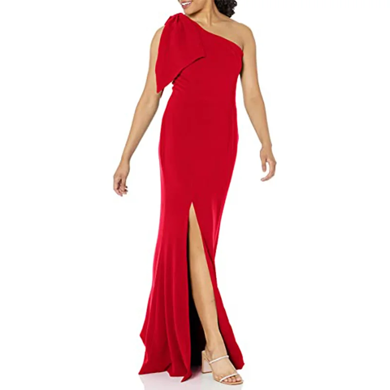 

Sexy Garnet Chiffon Long Evening Dress One-shoulder Bow Trumpet Split Slit Big Size for Wedding Formal Party Cocktail Homecoming