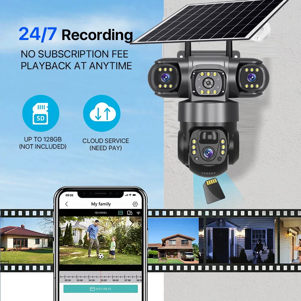 Solar Camera 4G Sim Outdoor 3 Lens 3 Screen 10X Zoom PIR Human Detect Cameras Waterproof Night Vision CCTV Security Protection 6