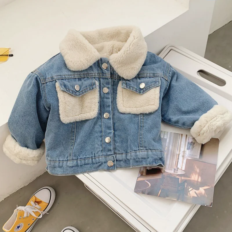 

Children's plush and thick denim jacket, westernized winter outfit, new girls' Korean version denim jacket, boys' baby trend