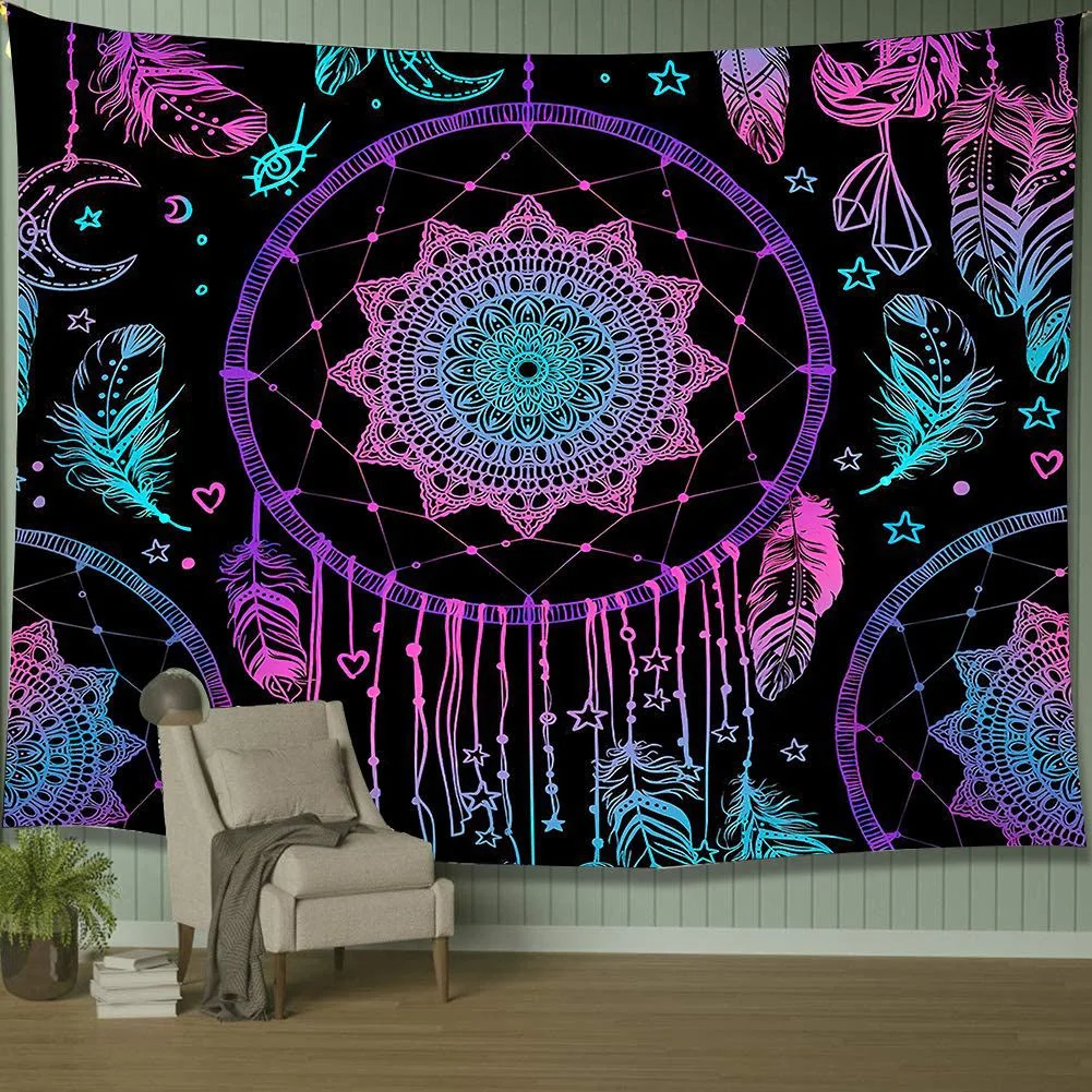 

Psychedelic Moon Dreamcatcher Feather Tapestry Hippie Bohemian Mandala Tapestries Wall for Room Bedroom Living Room Decorations