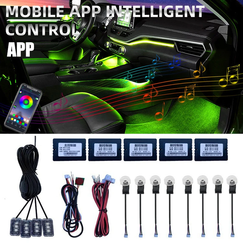 Universal 18 In 1 LED Car Ambient Lights RBG 64 Color Interior Acrylic