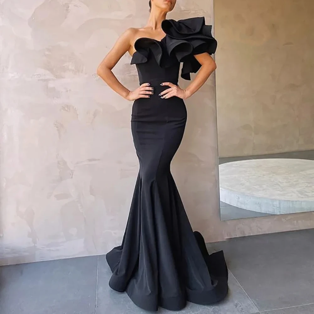 

Black Elegant Evening Dresses 2024 Satin Sheath Party Gowns Scoop Neck Flowers One Shoulder Sleeveless Custom Vestidos De Fiesta