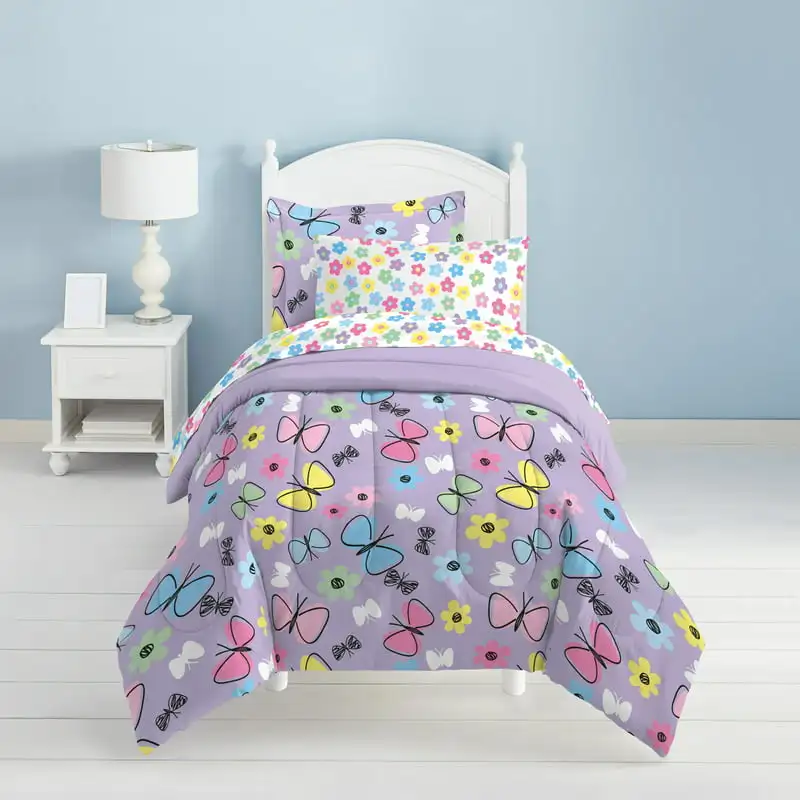 

Twin 5 Piece Comforter Set, Polyester, Microfiber, Purple, Pink, Sky , Multi