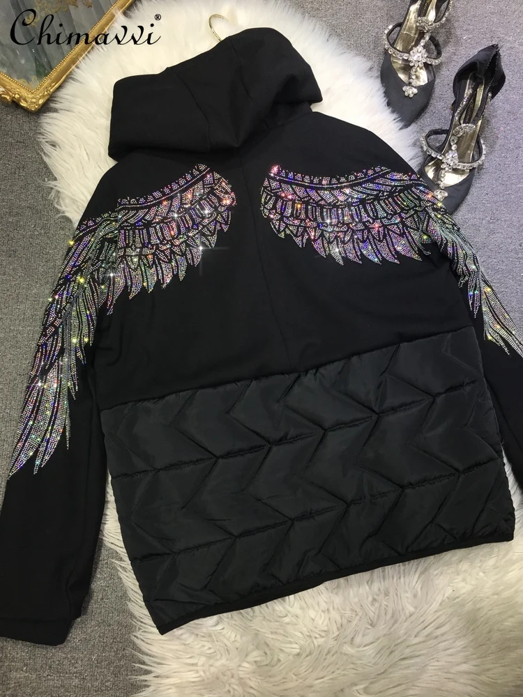 

European Hot Drilling Cotton-Padded Coat Women Back Big Wings Light Luxury Thin Black Hooded Cotton-Padded Jacket Autumn Winter