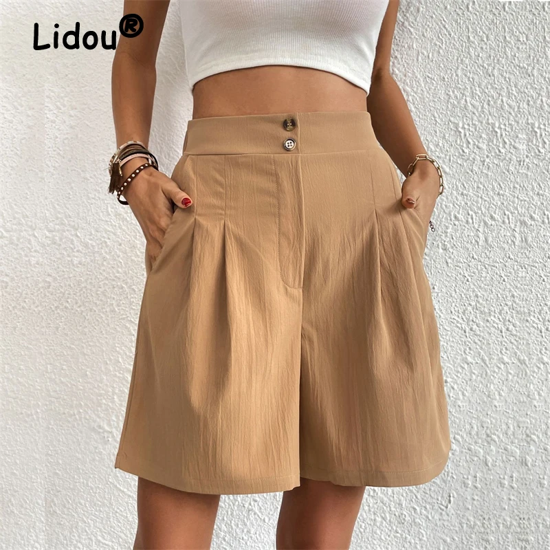 Women Fashion Solid High Waist Pockets Streetwear Shorts Summer Office Lady Casual Loose Wide Leg Short Pants Pantalones Cortos