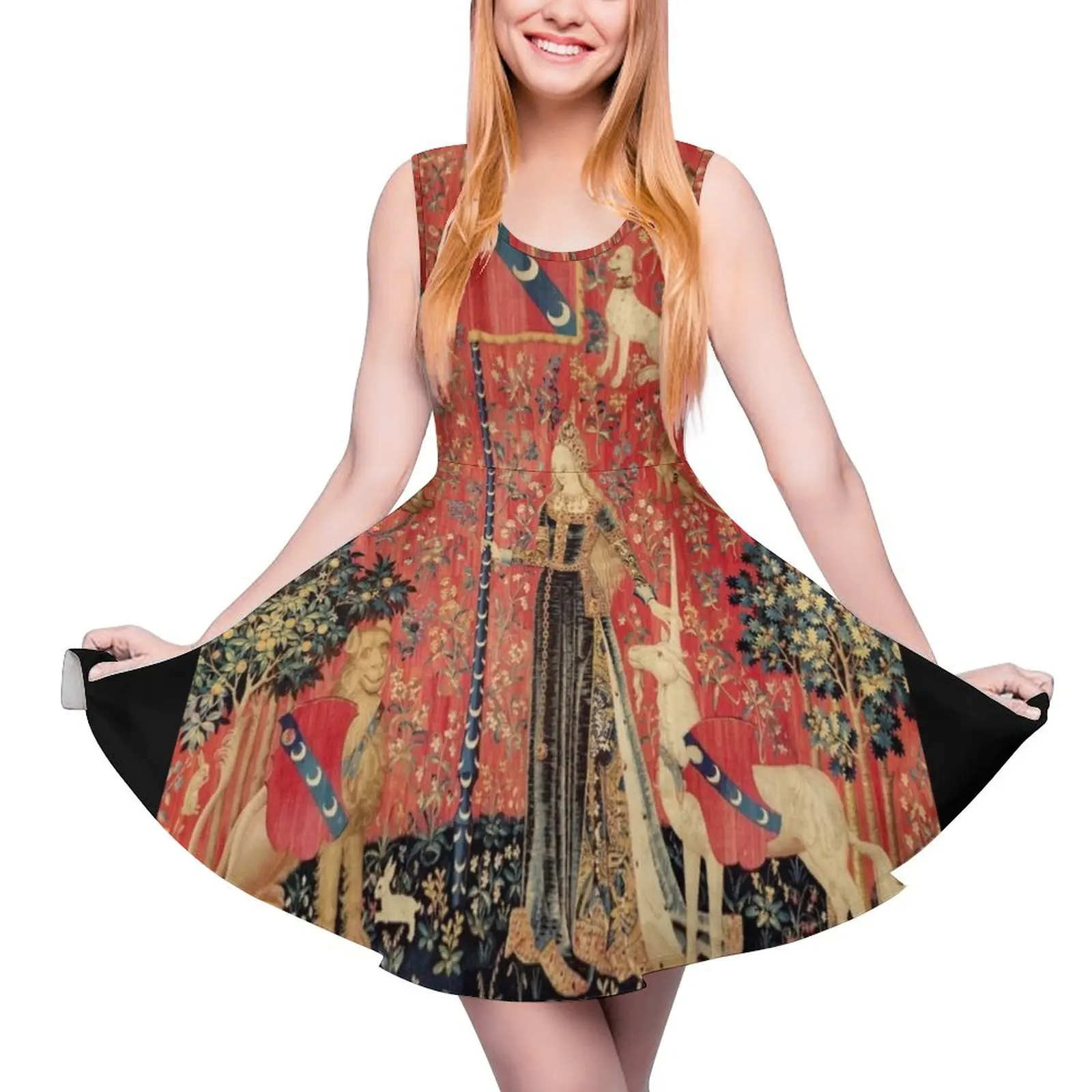LADY AND UNICORN ,TOUCH ,Lion,Fantasy Flowers,Animals Red Green Floral Sleeveless Dress dresses for womens