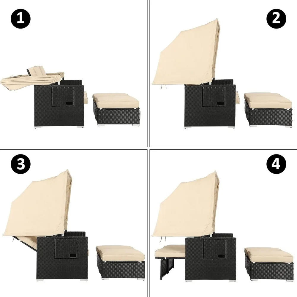Outdoor Patio Furniture Sunbed with Retractable Canopy, PE Wicker Rattan Rectangle Sectional Sofa Set Clamshell Sectional 6