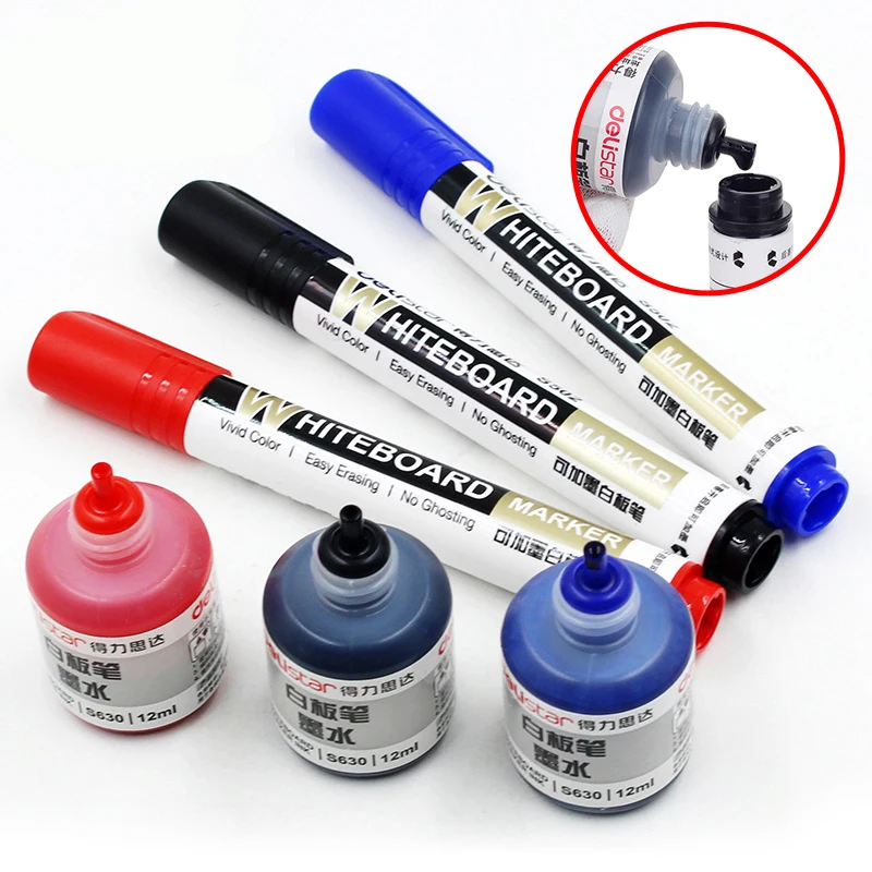 Marker Pens Deli 3 Pcs Erase Markers Whiteboard Writing Pens Wet-Erase Black Blue Red Refillable Office Stationery Supplies