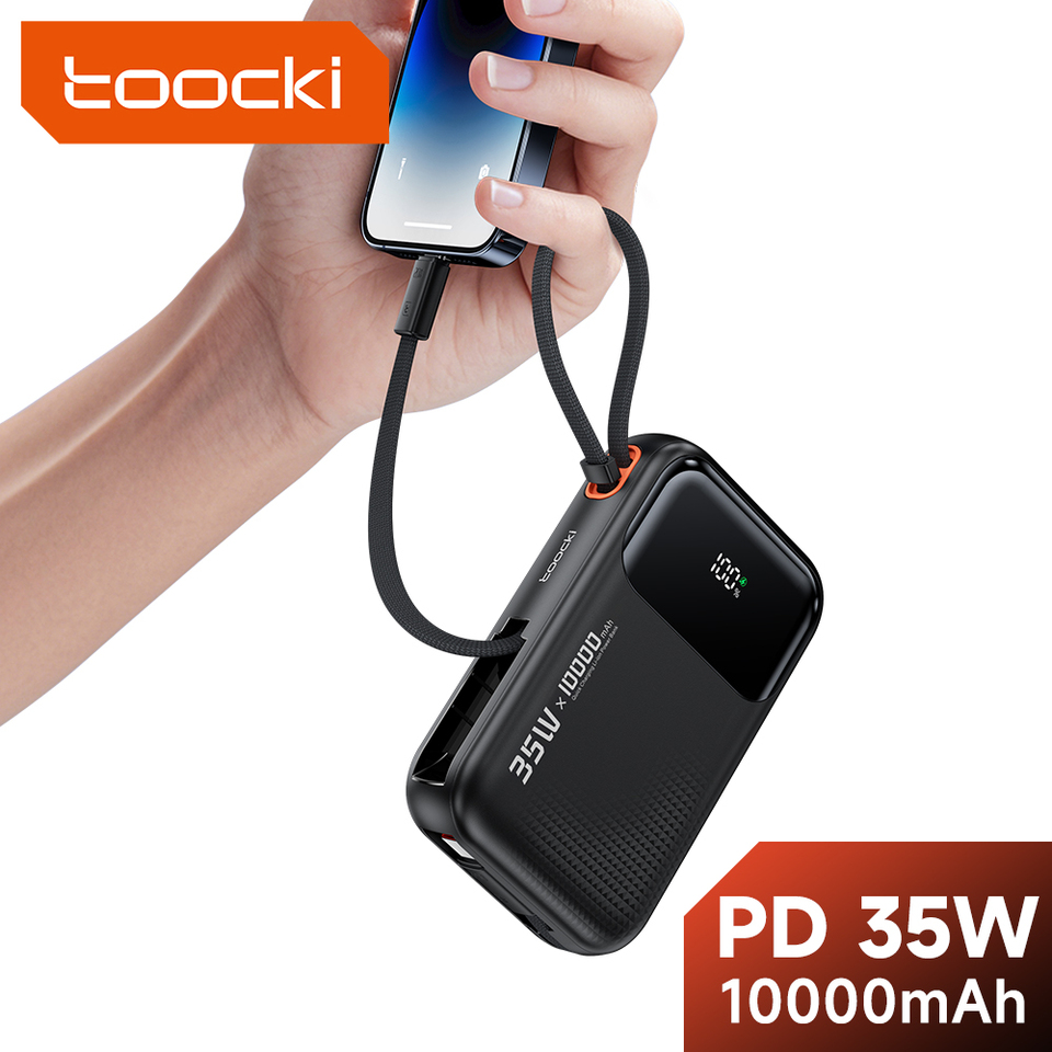 Toocki 35W PowerBank 10000mAh QC PD 3.0 PPS 25W Fast Charge Build-in Cable Power Bank for iPhone 16 15 14 Samsung Xiaomi Realme