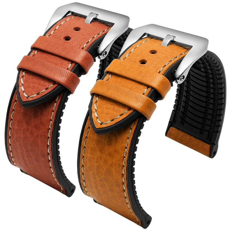 20mm 22mm 24mm Italian Leather + Silicone Bottom Watchband for Omega Breit-ling Avenger Men Waterproof Rubber Strap Bracelet