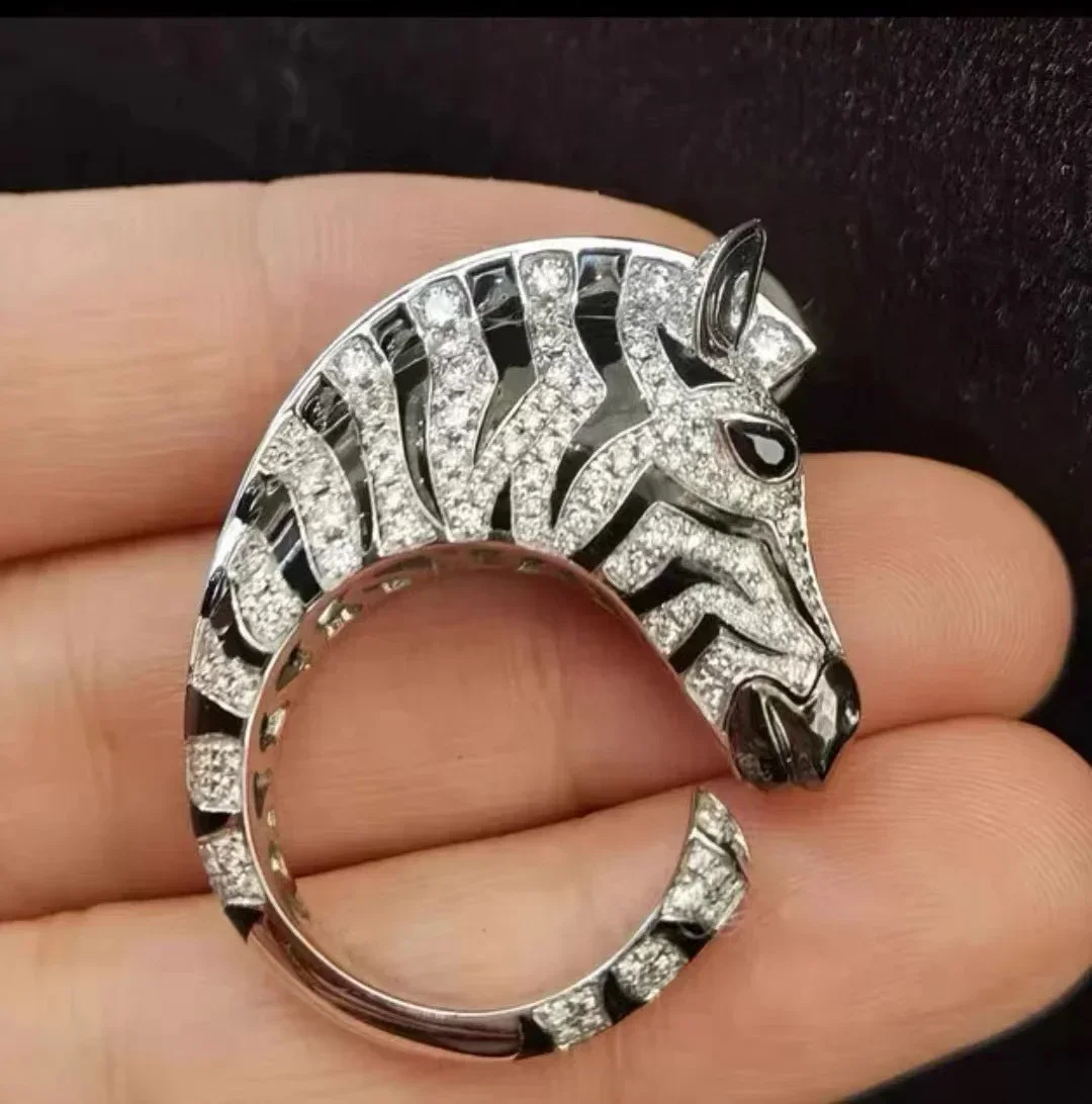 Pure 925 Sterling Silver Creative Black Animal Horse Zebra Ring For Women Fine Party Jewelry Gift