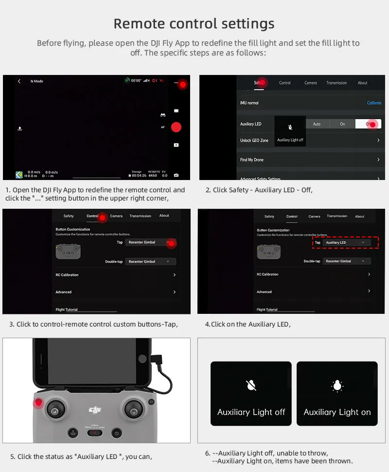 open the DJI Fly App to redefine the remote control settings . click Safety Auxilia