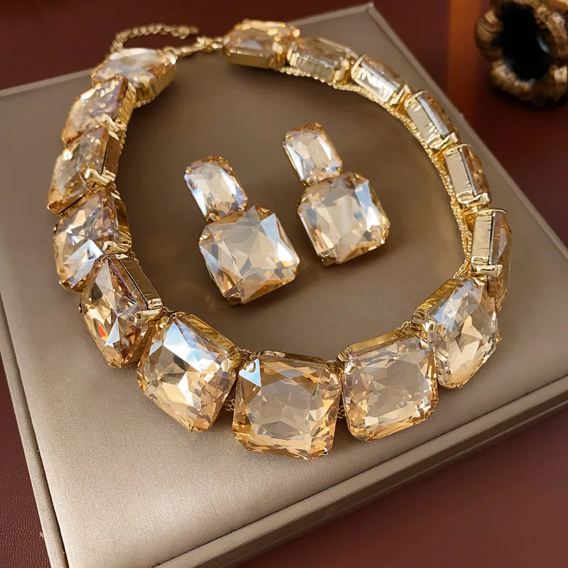 Inlaid Rhinestone Square Earrings Necklace Two-piece Set Fashion Versatile Exaggerated Temperament Light Luxury Accessories Sets