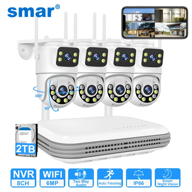 Smar Système de Caméras de Sécurité WiFi 6MP Double Objectif Kit de Caméras IP Sans Fil avec Audio Bidirectionnel NVR 8CH 1