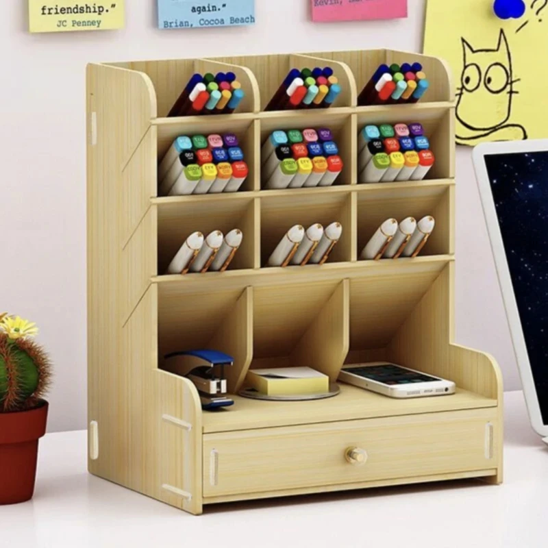 Pencil Holder, Wooden Desk Organizer with Drawers, 12 compartmentsk, Pen Holder Storage Box, Art Supply Organizer, Desktop 2