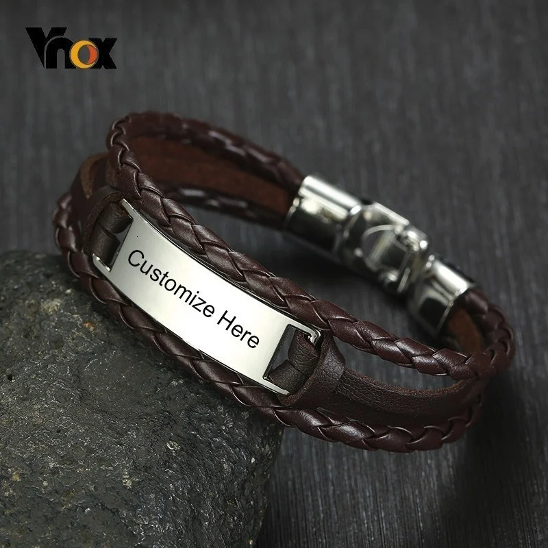 Vnox Free ID Tag Triple Layers Leather Bracelets for Men Stainless Steel Bar Engrave Name Inspiration Pulseira