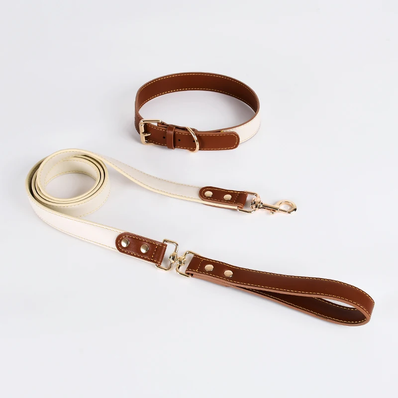Loudik - Conjunto de collar y correa de cuero de lujo para mascotas, ajustable, personalizado, pequeño, mediano, grande, correas de tracción para perros, accesorios