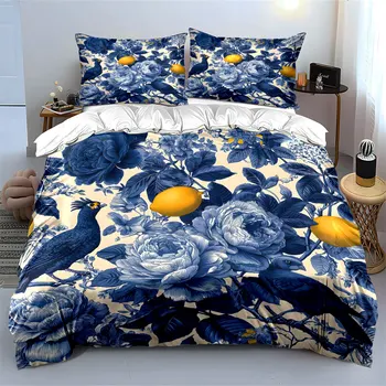 3pcs Blue floral with lemon birds Duvet Cover Set with 3D Printing Design Soft Polyester Bedding Set All-Season Comfort 1