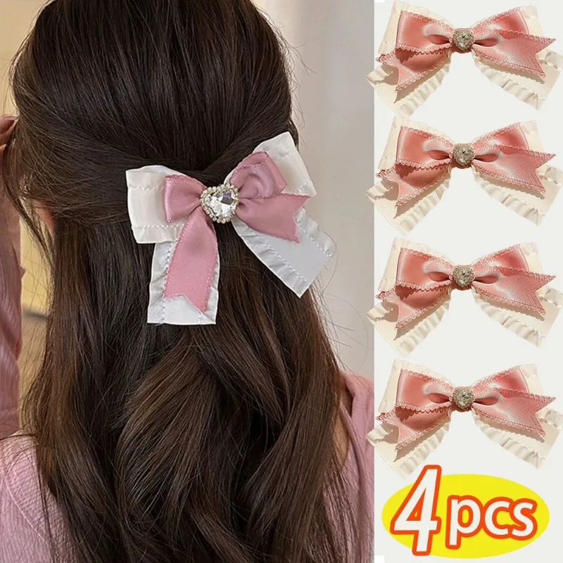 Diamond Heart Bow Hairpins Women Girls Pink Sweet Cute Hair Clips Elegant Daily Wedding Hairpins Fashion Headwear Accessories