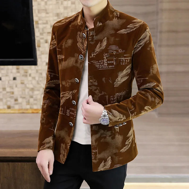 Luxury Retro Velvet Suit Jacket for Men Fashion Slim Fit Stand Collar Blazer Masculino Casual Business Wedding Dress Coat 2023 2
