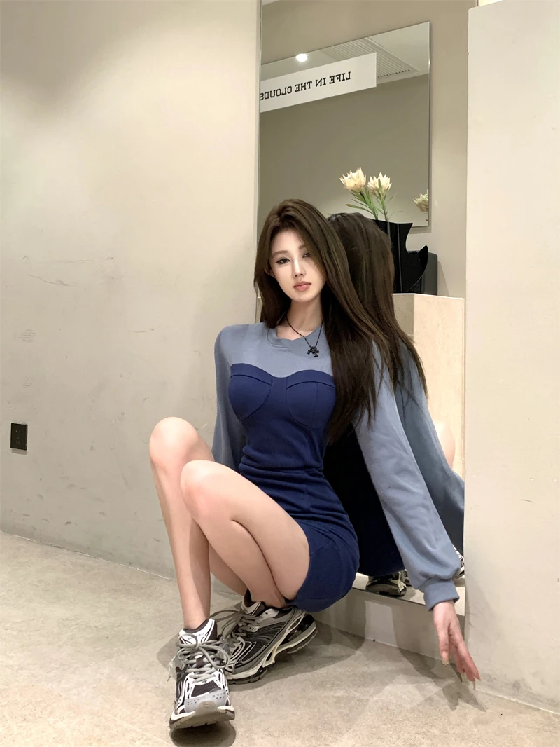 Sexy Patchwork Mini Dresses Women Long Sleeve Bodycon Lace-up Hollow Out Y2K Club Party Dress Korean Fashion Autumn New Vestidos