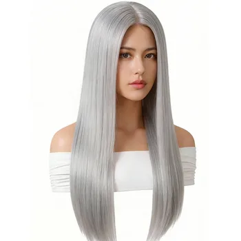 Parrucca sintetica per capelli lisci grigio argento da 28 pollici, alla moda, elegante e soffice, per il carnevale del festival musicale delle donne