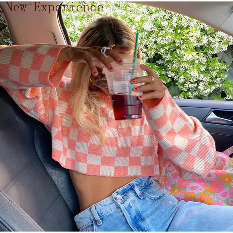 

Knitting Retro Checkered Short Women's Sweater Long-sleeved Sweater Women Fall/winter 2022 Loose Casual Fashion Pullover Women