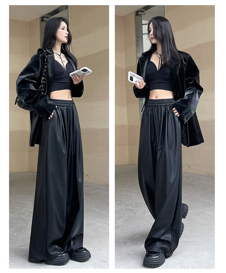 Herbst Einfarbig Klassische Volle Länge Gerade Frauen Hosen High Street Fashion Kordelzug Elastische Taille Weibliche Breite Bein Hosen – Detail 11
