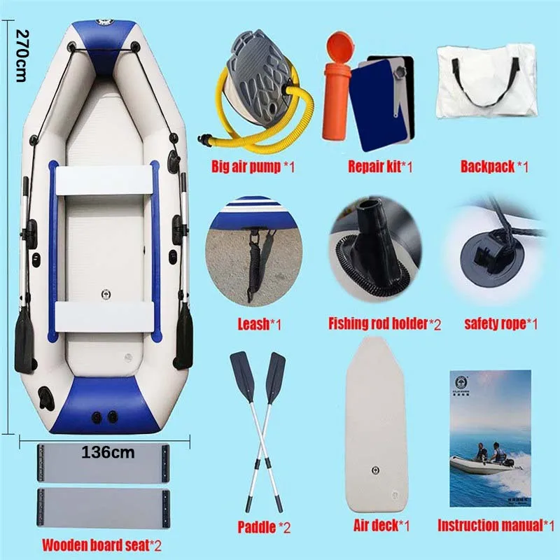 2.7M 4 Person 0.9PVC Inflatable Boat Fishing Kayak Thick And Wear-resistant Canoe Air Mat Floor with All Accessories SolarMarine