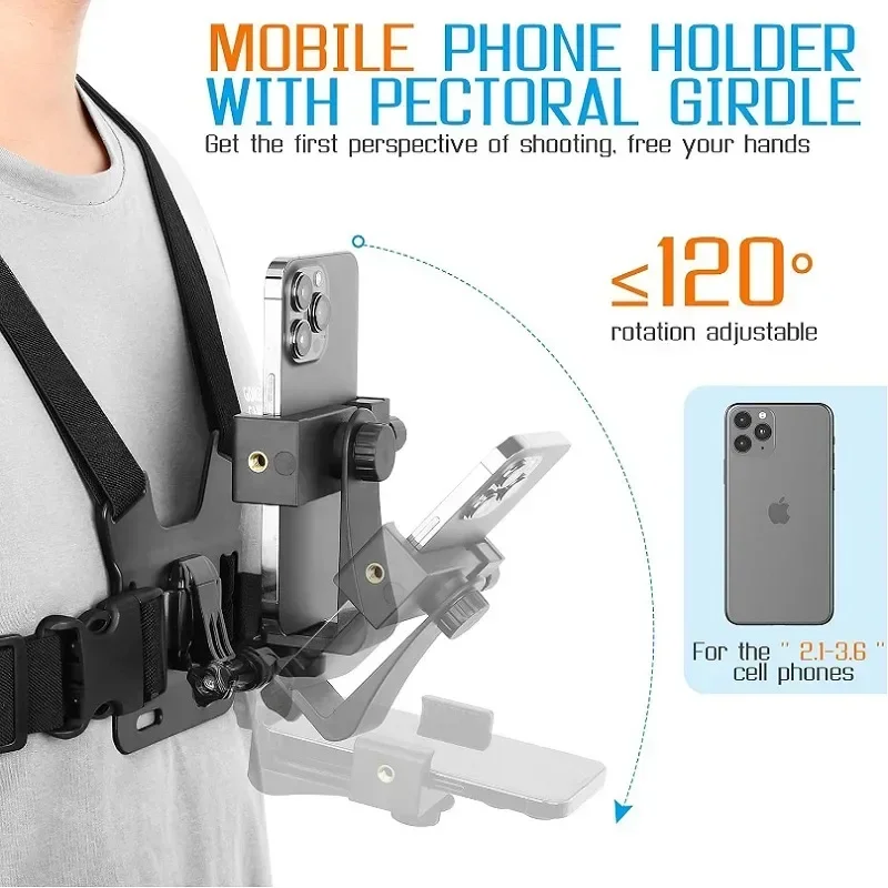 Adjustable Black Phone Clip Holder with Chest Strap for Cameras and Mobile Devices