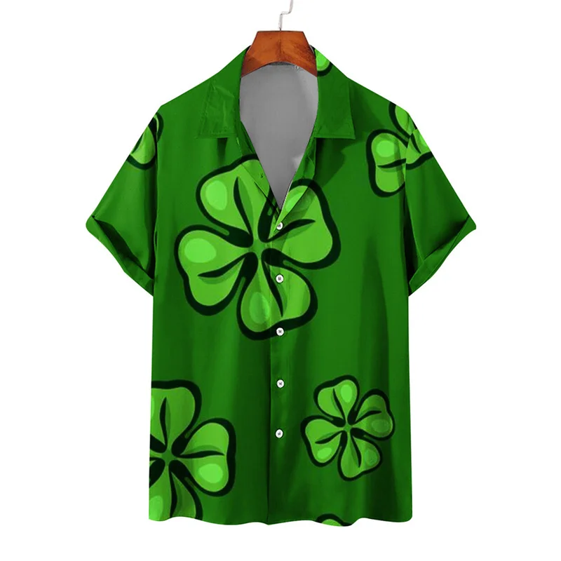 thumbnail image 1 of Camisas de playa hawaianas nuevas de verano para hombres y mujeres, camisa para parejas, camisa de manga corta con solapa estampada con trébol de cuatro hojas, camisas florales coloridas, 1 of 5