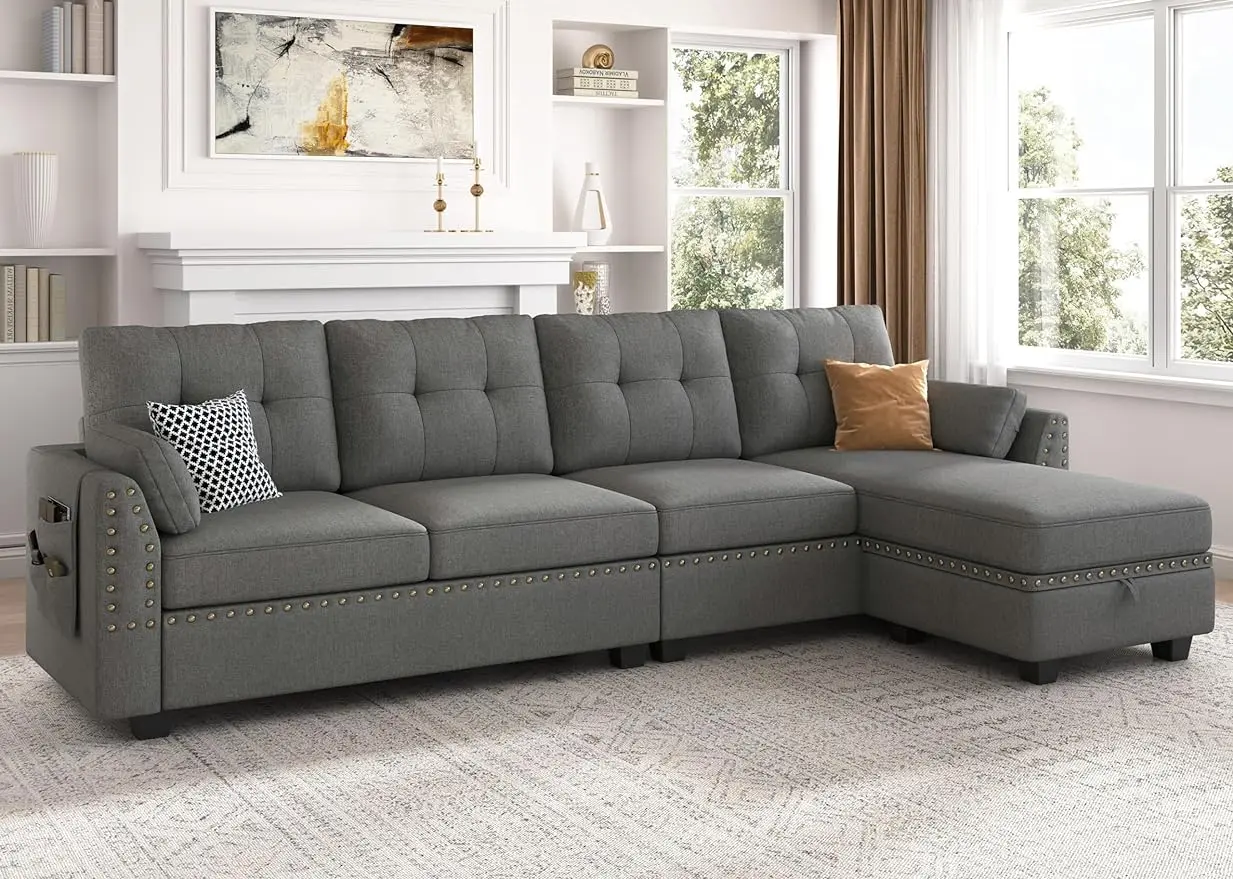 

Reversible Sectional Sofa L-Shape Sofa Convertible Couch 4-Seater Sofas Sectional for Apartment, Wood