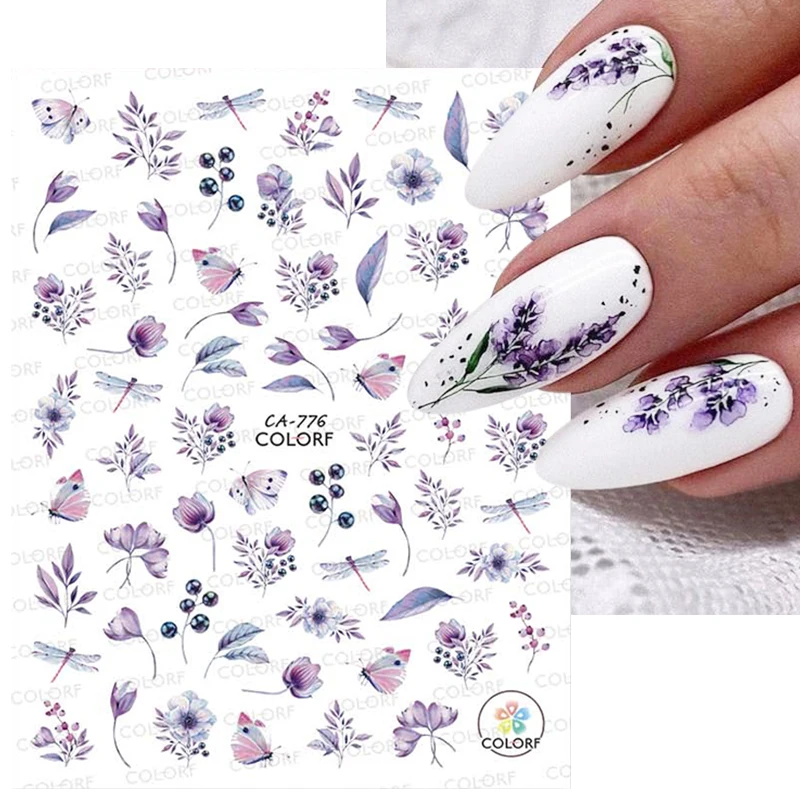 Nail Stickers Purple Flower 3D Watercolor Royalblue White Flowers Holigraphic Leaf Water Decals For Nail Art Manicure Decoration