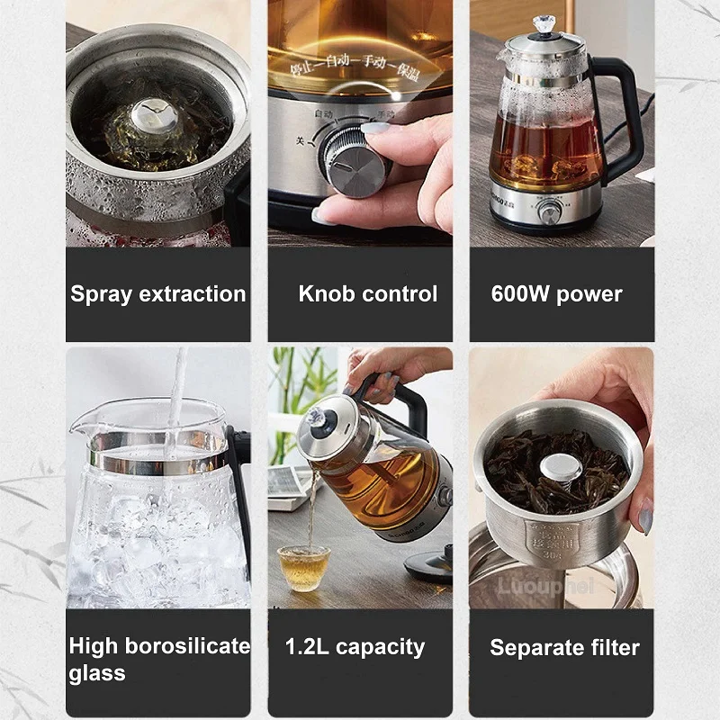 600W Electric Teapot Mini Tea Maker Home Electric Kettle Office Multifunctional Glass Steam Flower Teapot Auto Keep Warm 1.2L 4