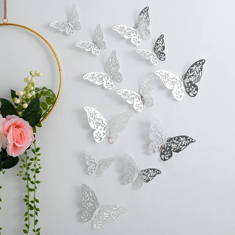 NEW 12Pcs 3D Hollow Butterfly Wall Sticker Home Decoration Kids Room Party Wedding Decor Rose Gold Butterfly Fridge DIY Stickers