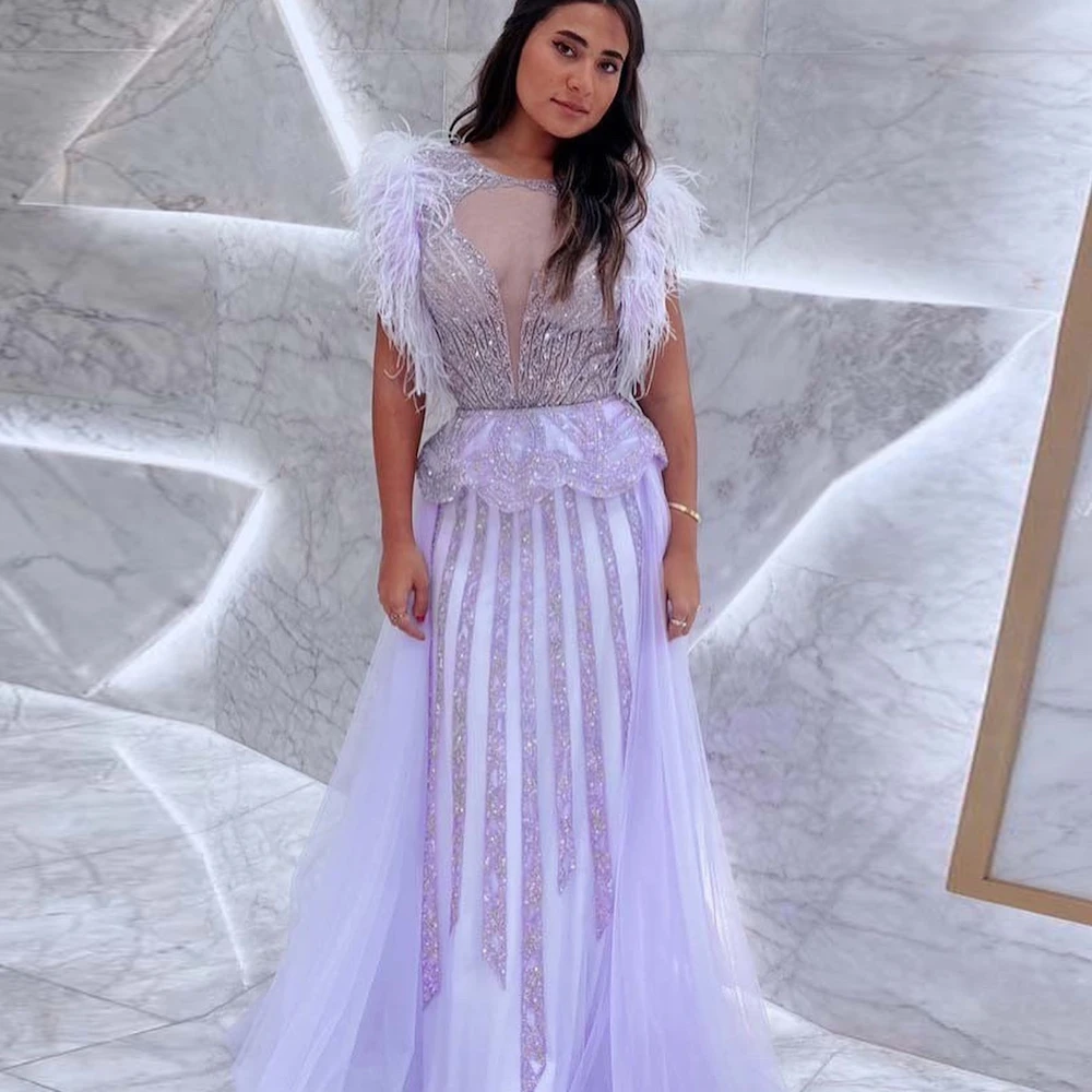 

ROSELLA O-Neck Illusion Feathers Party Formal Evening Dress For Women Sequins Elegant Floor Length Luxury Prom Gown New 2023