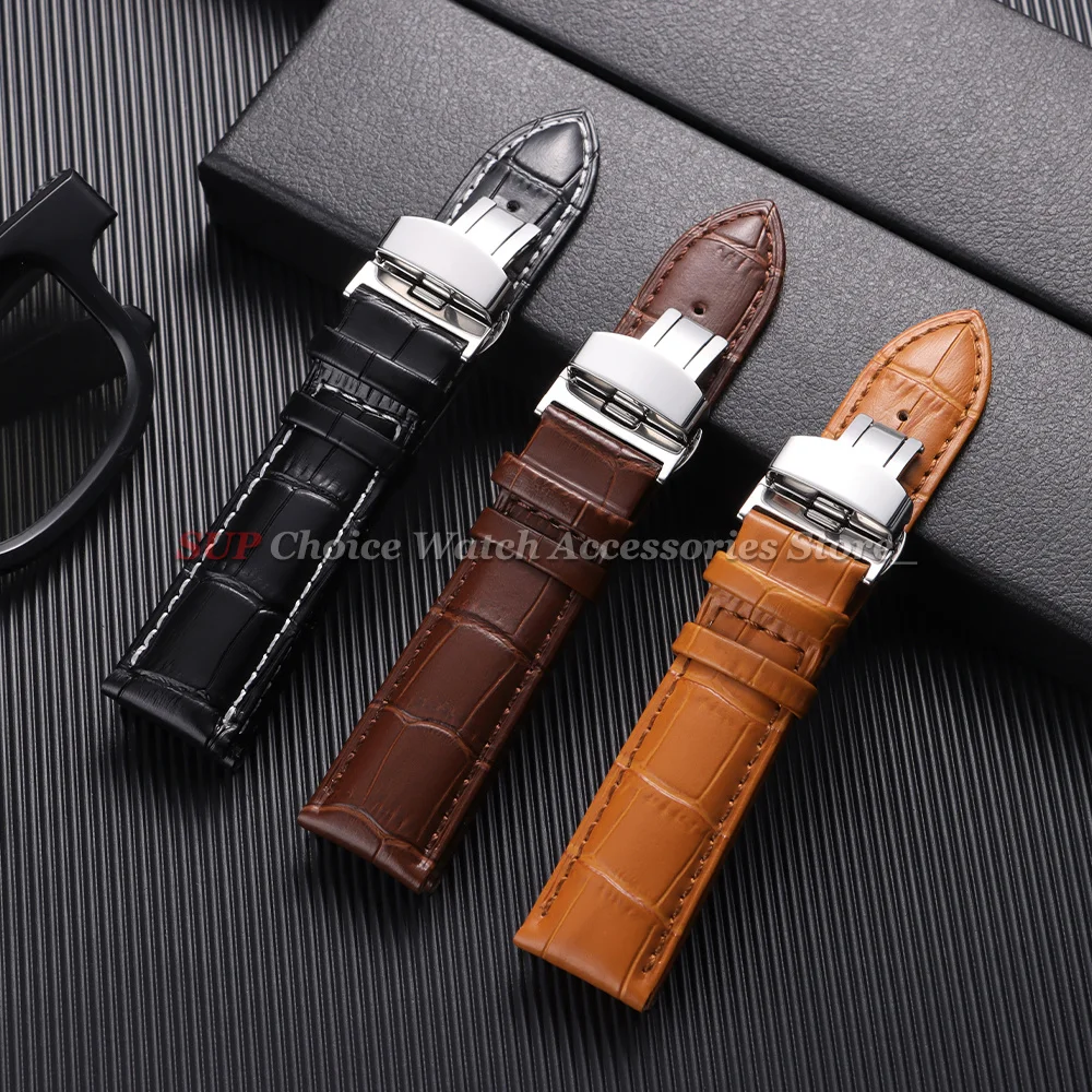 Sleek Calfskin Leather Watch Band with Butterfly Buckle