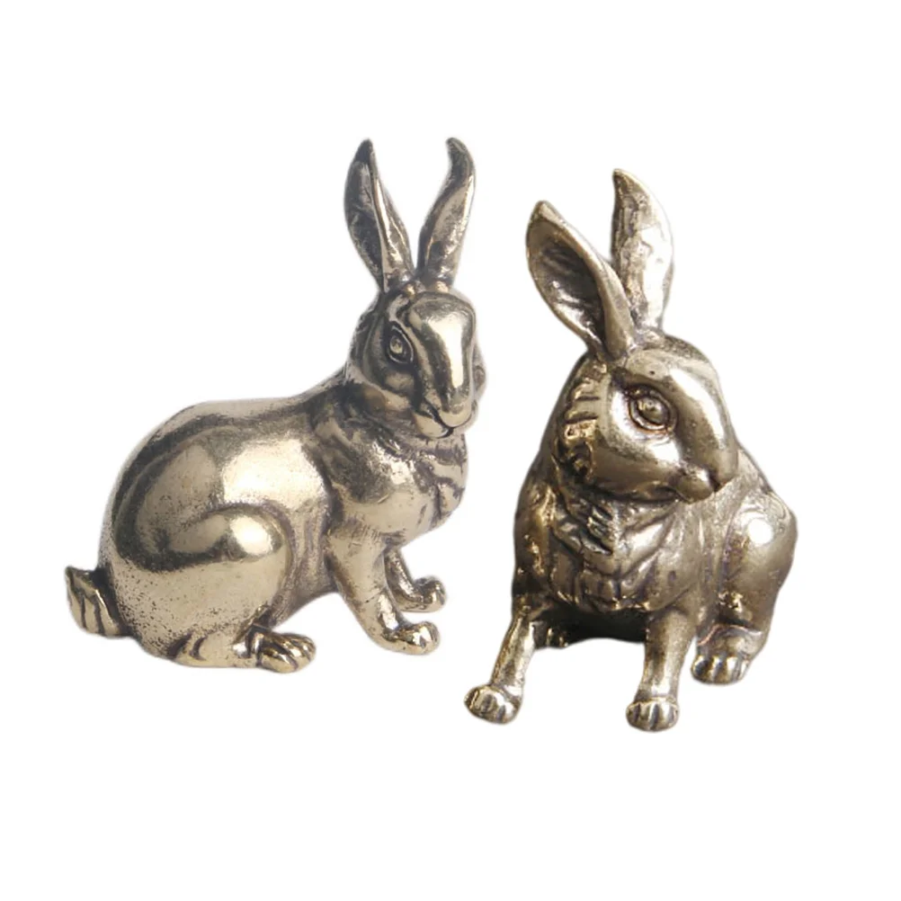 

2 Pcs Statue Brass Bunny Office Yoga Figurines Chinese Zodiac Animal Statues Decor