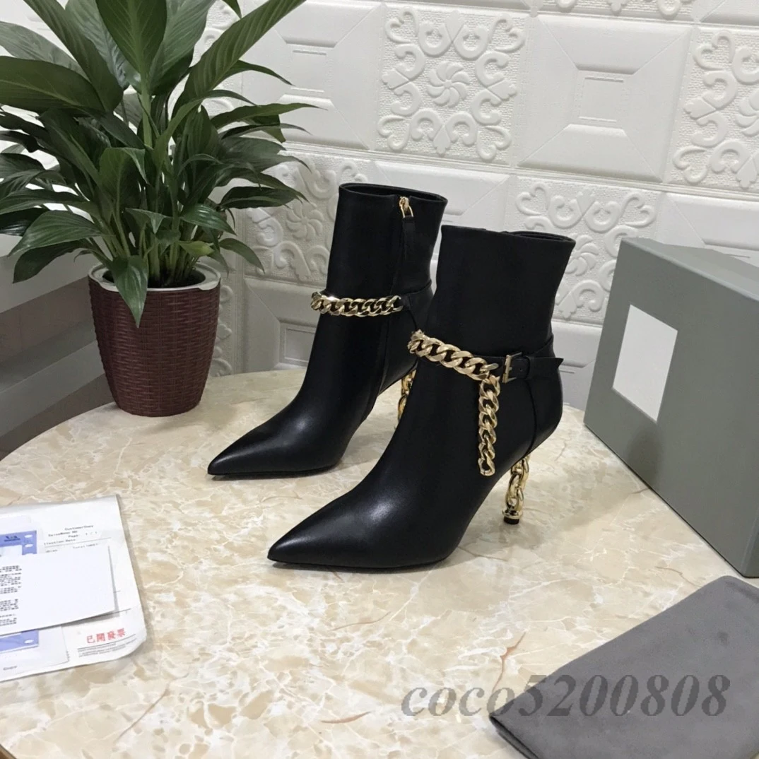 

Women Ankle Boots Autumn Winter Genuine Leather Super High Heels Short Boots Metal Decoration Chain Designer Shoes Botines 2023