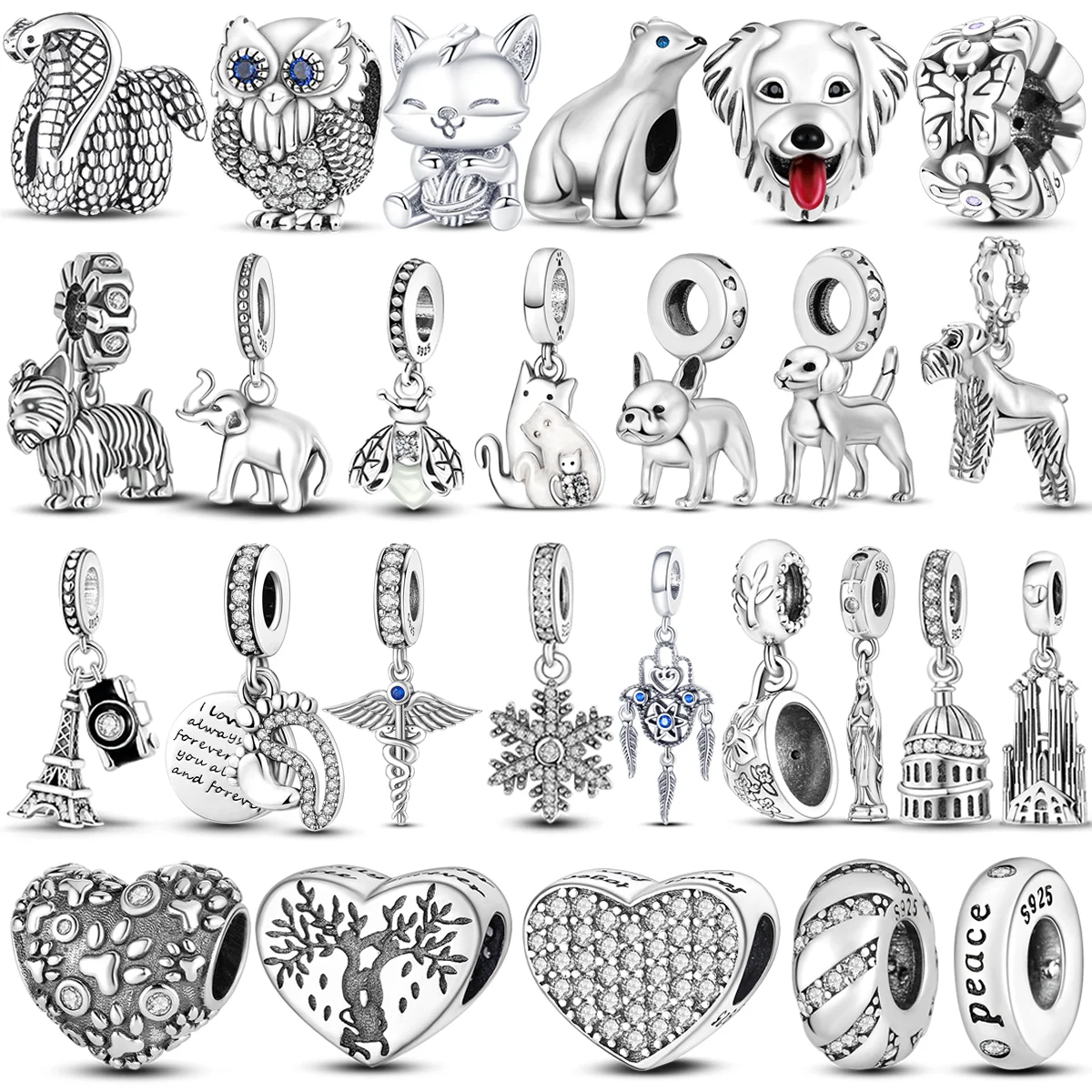 Inlaid Zircon Heart Charm Beads – 925 Sterling Silver for Bangle Bracelets 1