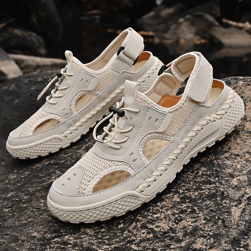 New 2024 Fashion Mesh Patchwork Men Sandals Hollow-Out Breathable Summer Shoes Men Outdoor Beach Sandals Casual Footwear